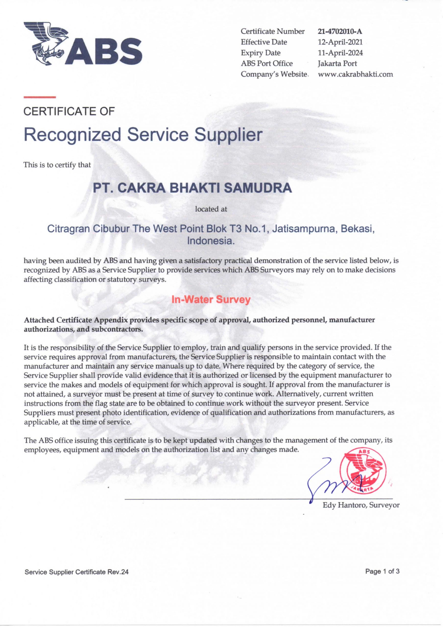 Our Certificate - PT. Cakra Bhakti Samudra